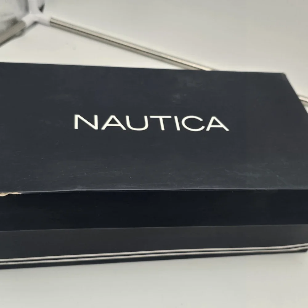 Nautica Boat Shoes Men Size 9.5 Navy Blue Tan Stitching Nueltin Comfort Lace Up